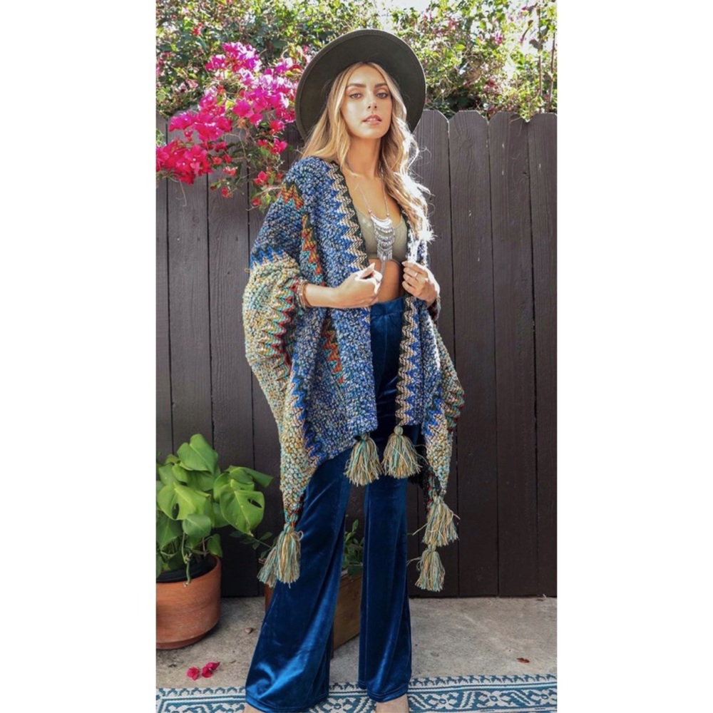 Boho Cobalt Blue Multicolor Tassel Poncho Ruana OS
